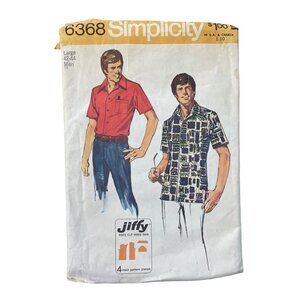 Vintage 70s Simplicity 6368 Men Sewing Pattern Size Large Short Sleeve Shirt CUT